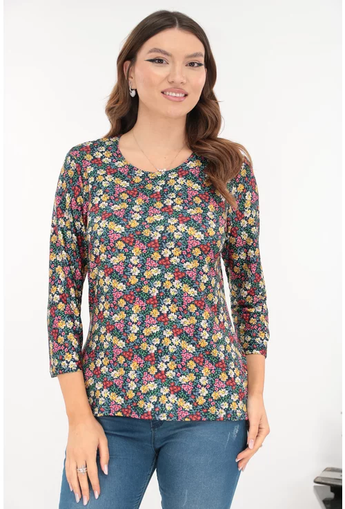 Bluza bleumarin din vascoza cu imprimeu floral galben-rosu