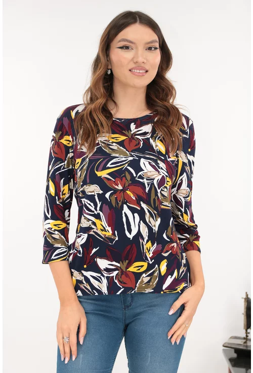 Bluza bleumarin din vascoza cu print floral alb-bordo