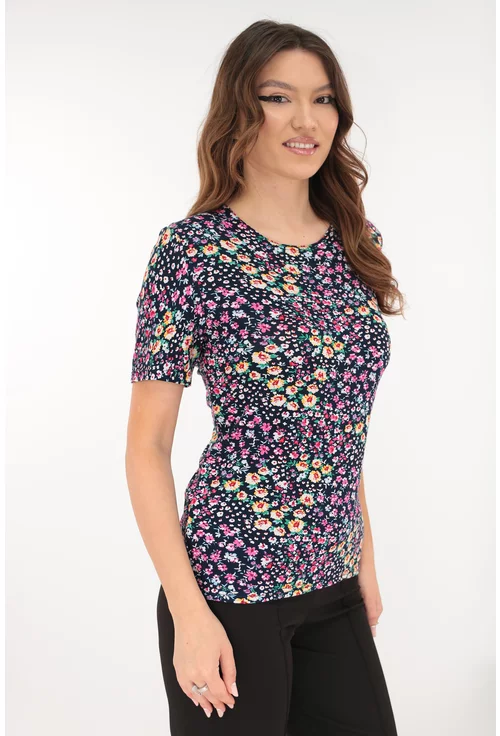 Bluza bleumarin din vascoza cu print floral roz-galben
