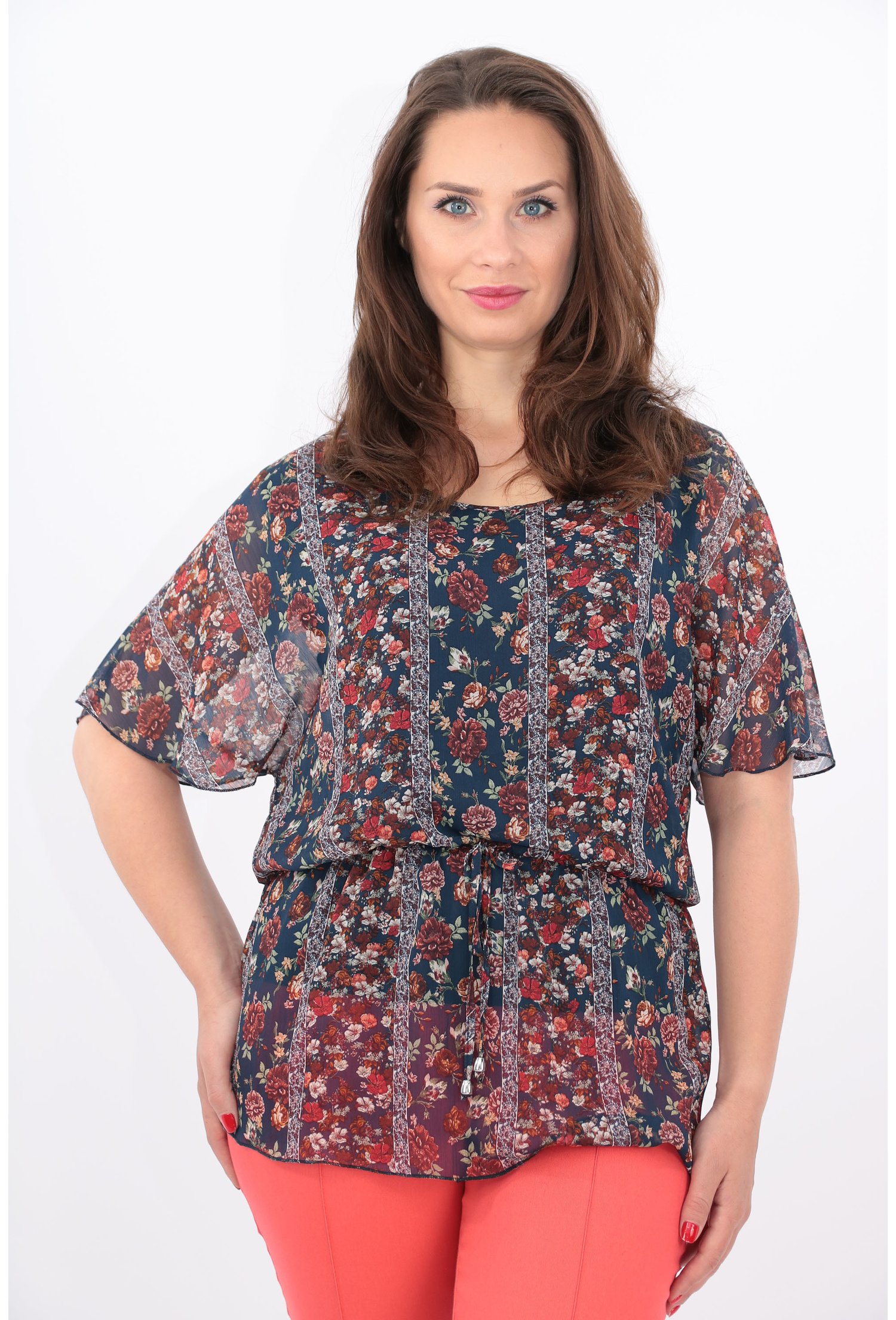 Bluza bleumarin din voal cu flori bordo