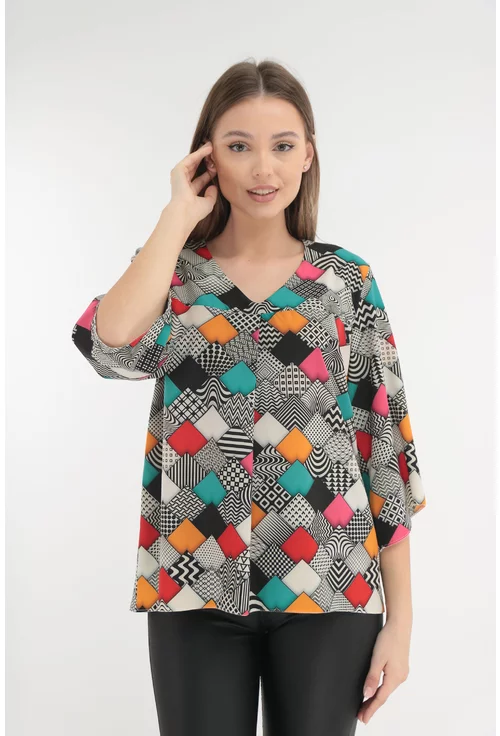 Bluza casual cu imprimeu geometric multicolor
