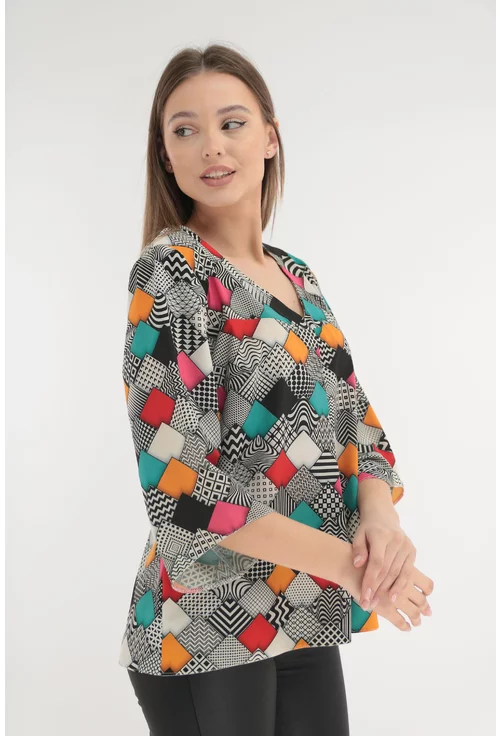Bluza casual cu imprimeu geometric multicolor
