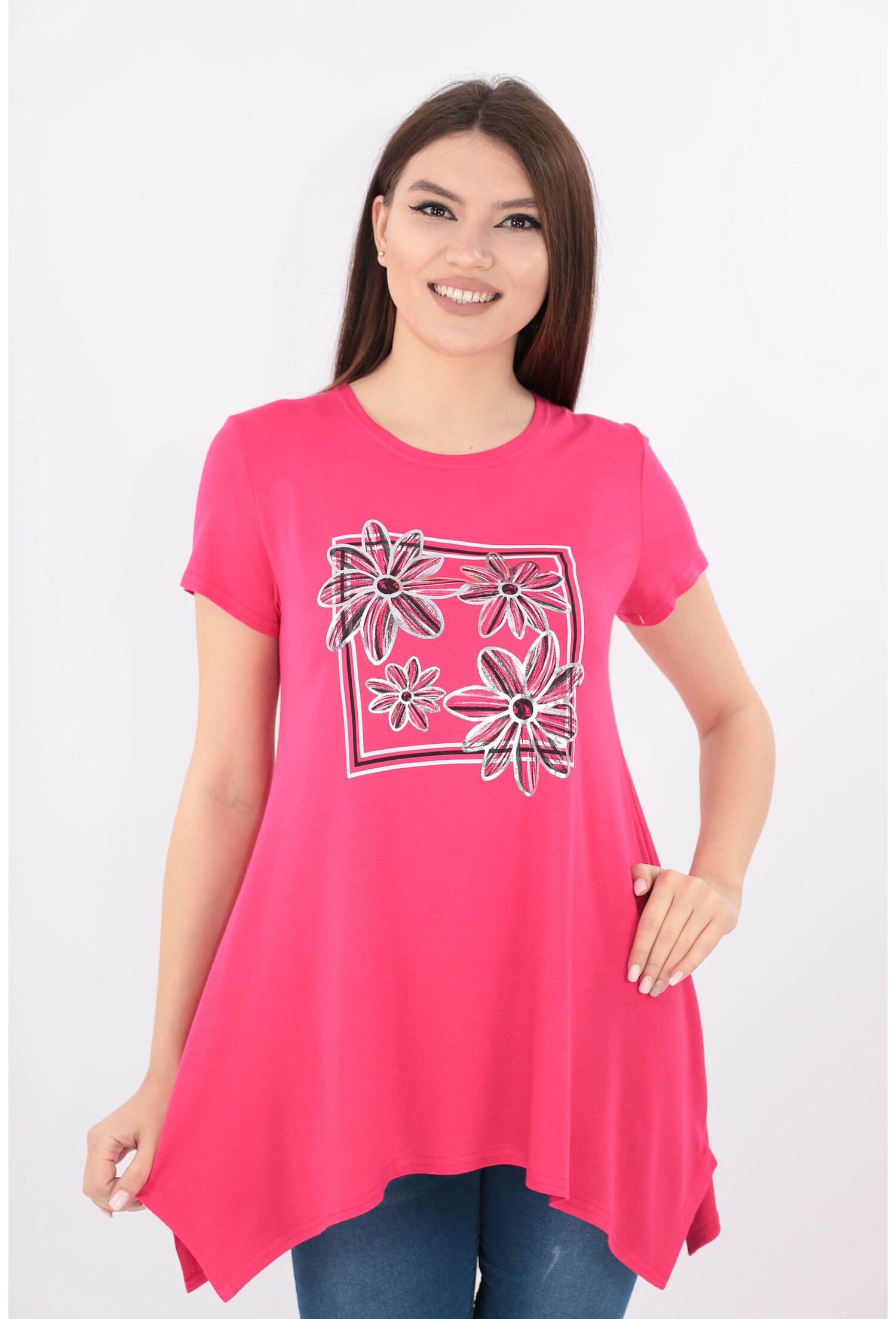 Bluza ciclamen cu print floral argintiu