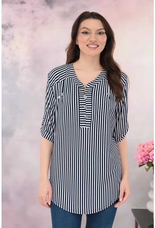 Bluza cu dungi bleumarin-albe si guler tunica