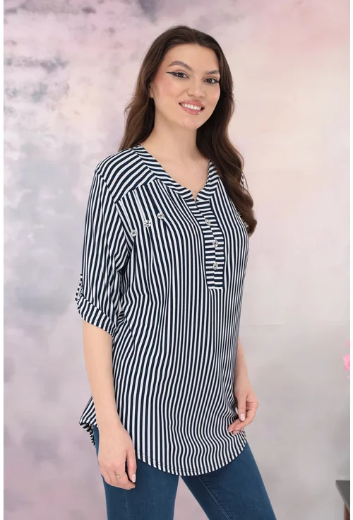 Bluza cu dungi bleumarin-albe si guler tunica