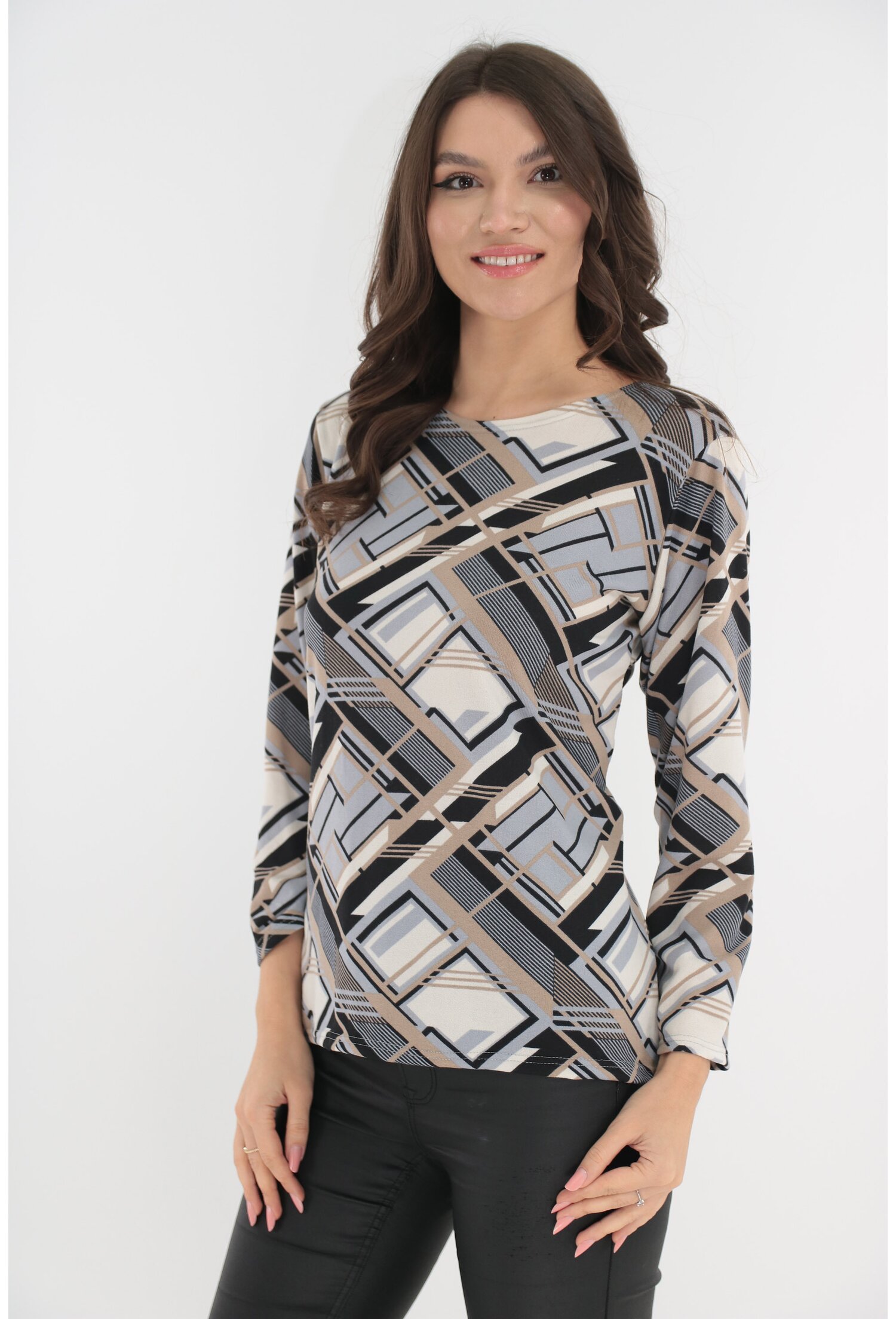 Bluza cu imprimeu geometric albastru-bej