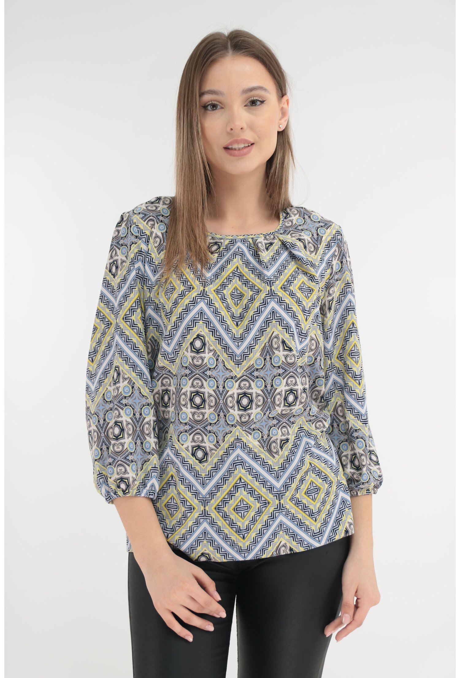 Bluza cu imprimeu geometric bleu-galben