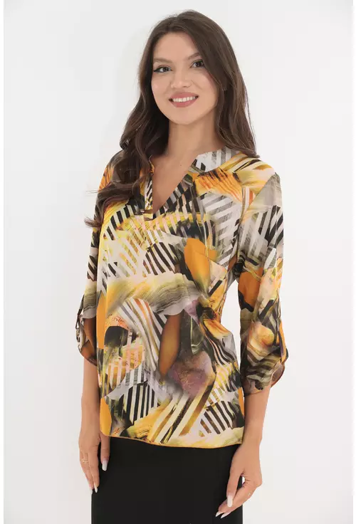 Bluza cu print abstract galben-maro