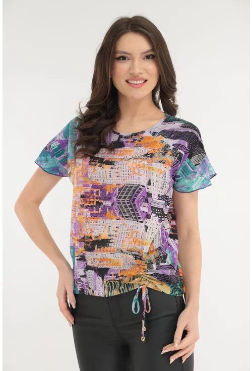 Bluza cu print abstract mov si cu siret lateral
