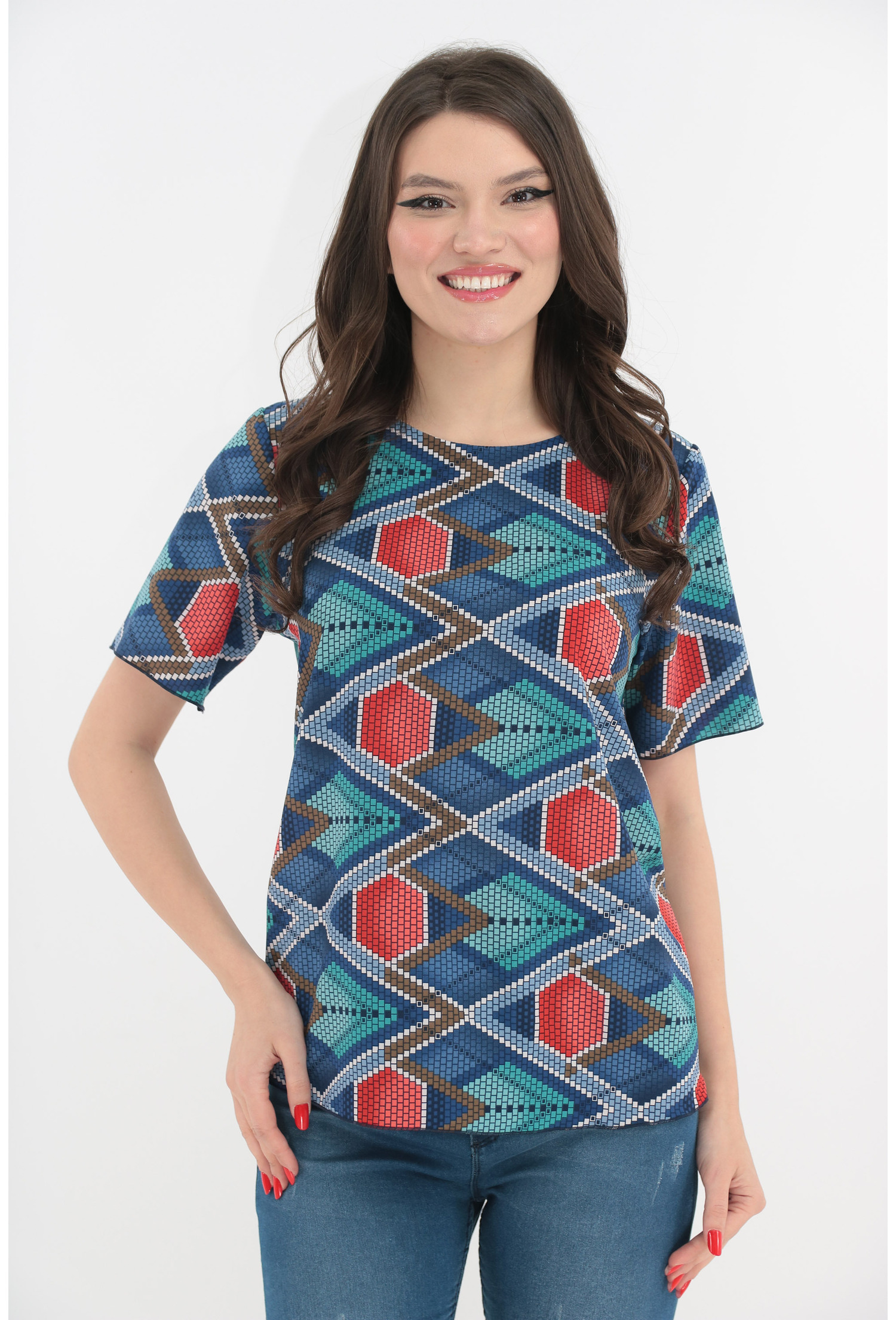Poze Bluza cu print geometric albastru-corai