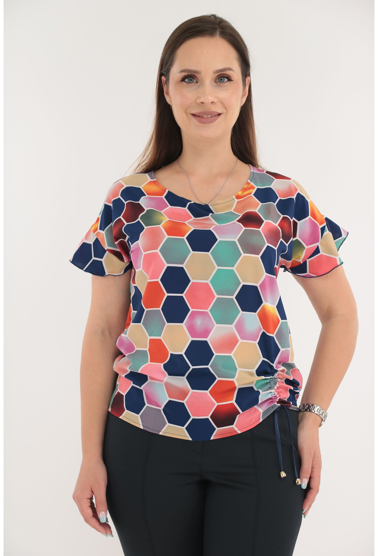 Bluza cu print geometric multicolor si cu siret lateral