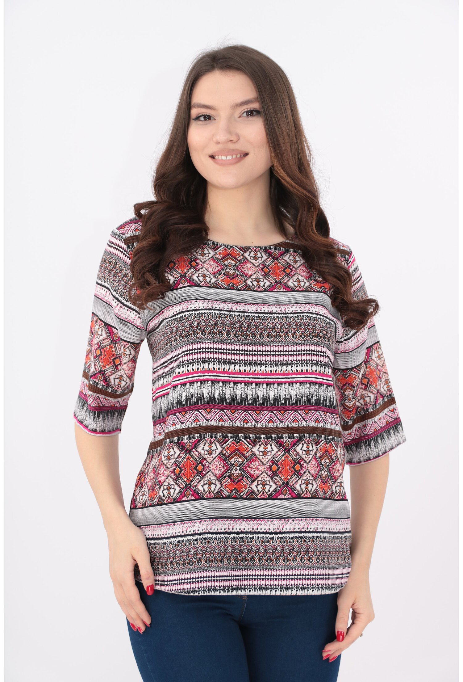 Bluza cu print geometric negru-fucsia