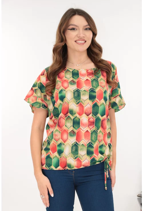 Bluza cu print geometric verde-corai si cu siret lateral