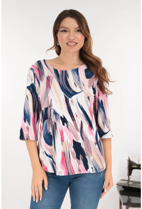 Bluza din bumbac cu imprimeu abstract roz-bleumarin