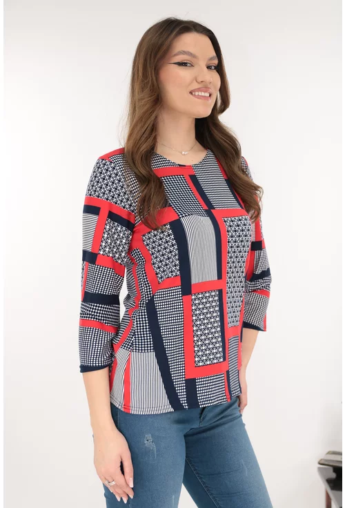 Bluza din bumbac cu print geometric bleumarin-rosu