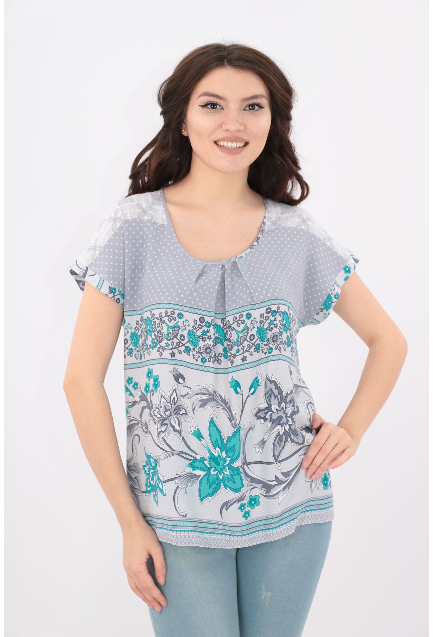 Bluza din bumbac gri cu print maxi turcoaz
