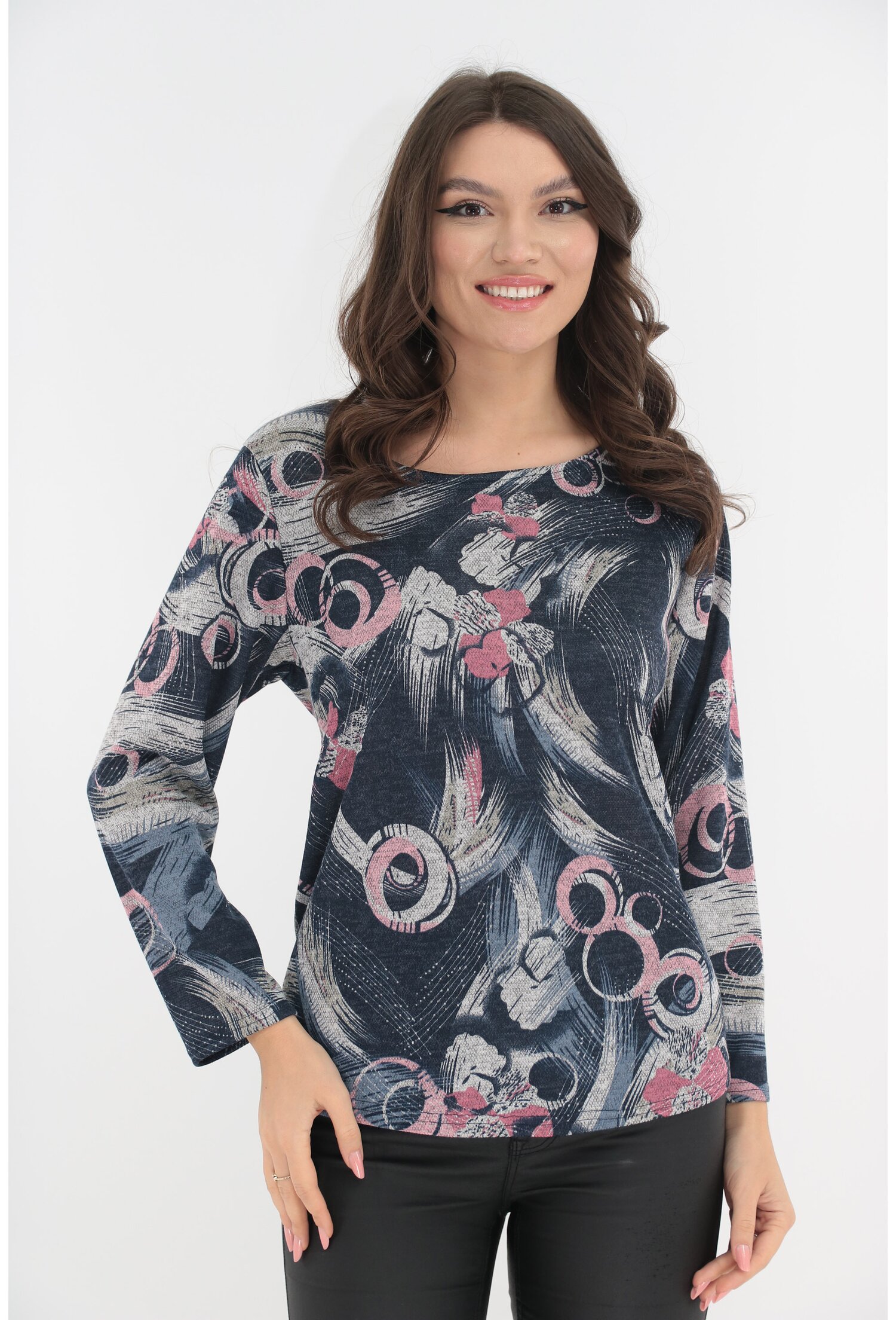 Bluza din jerse bleumarin cu print abstract roz-gri