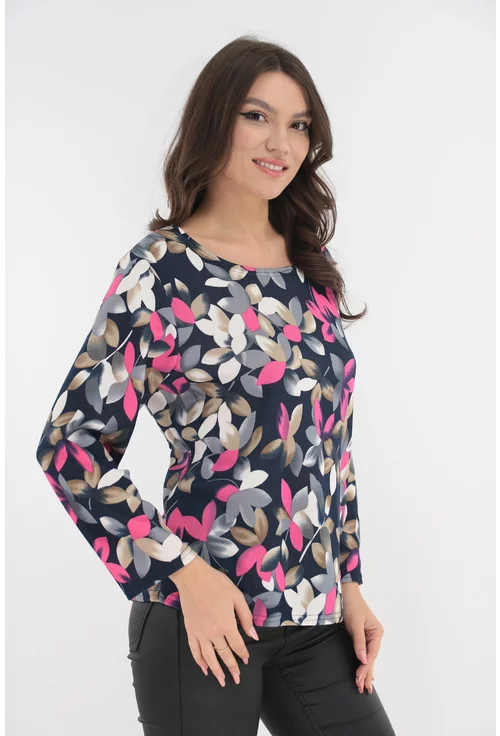 Bluza din jerse bleumarin cu print floral roz-bej