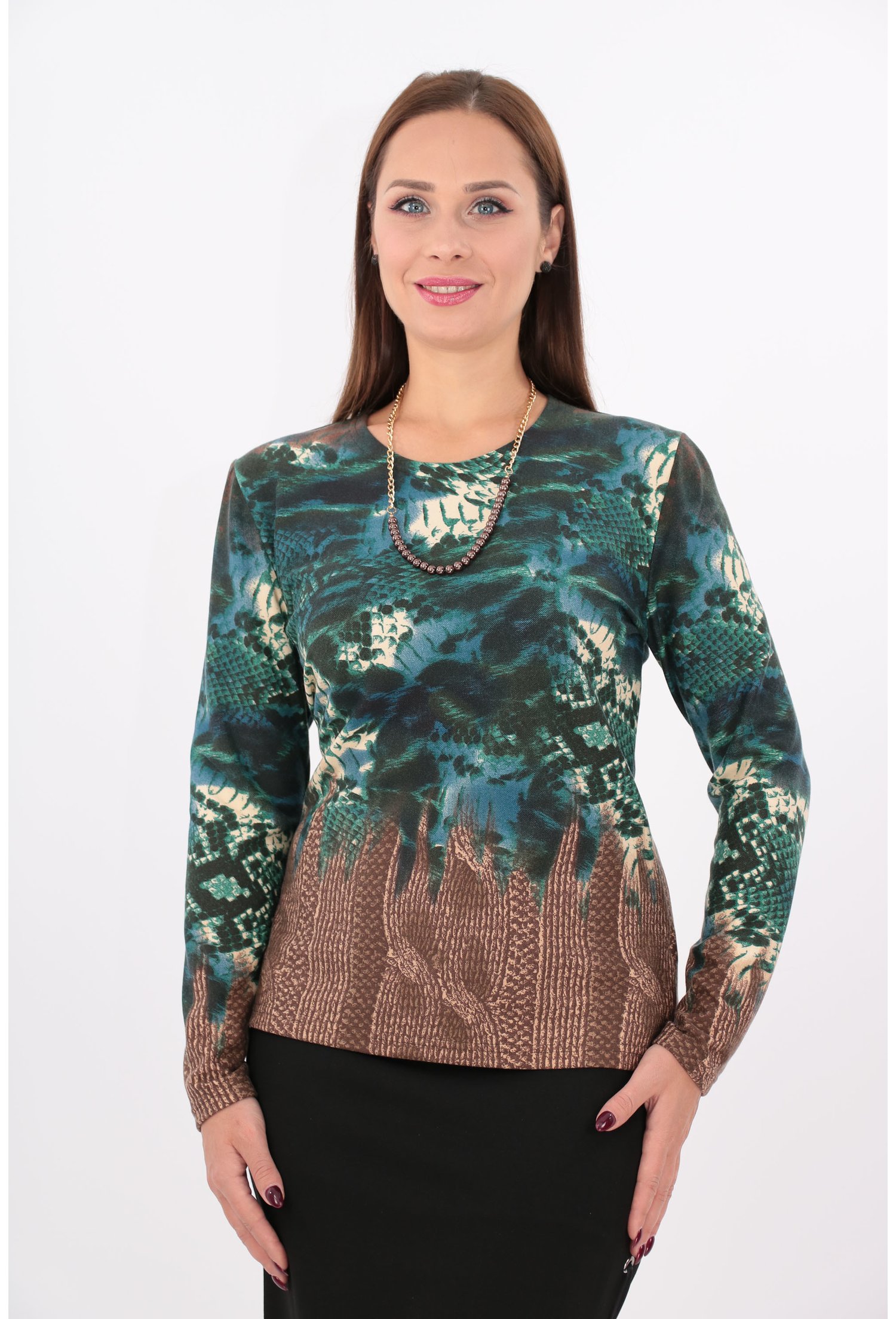 Bluza din jerse cu imprimeu verde si bordura maro