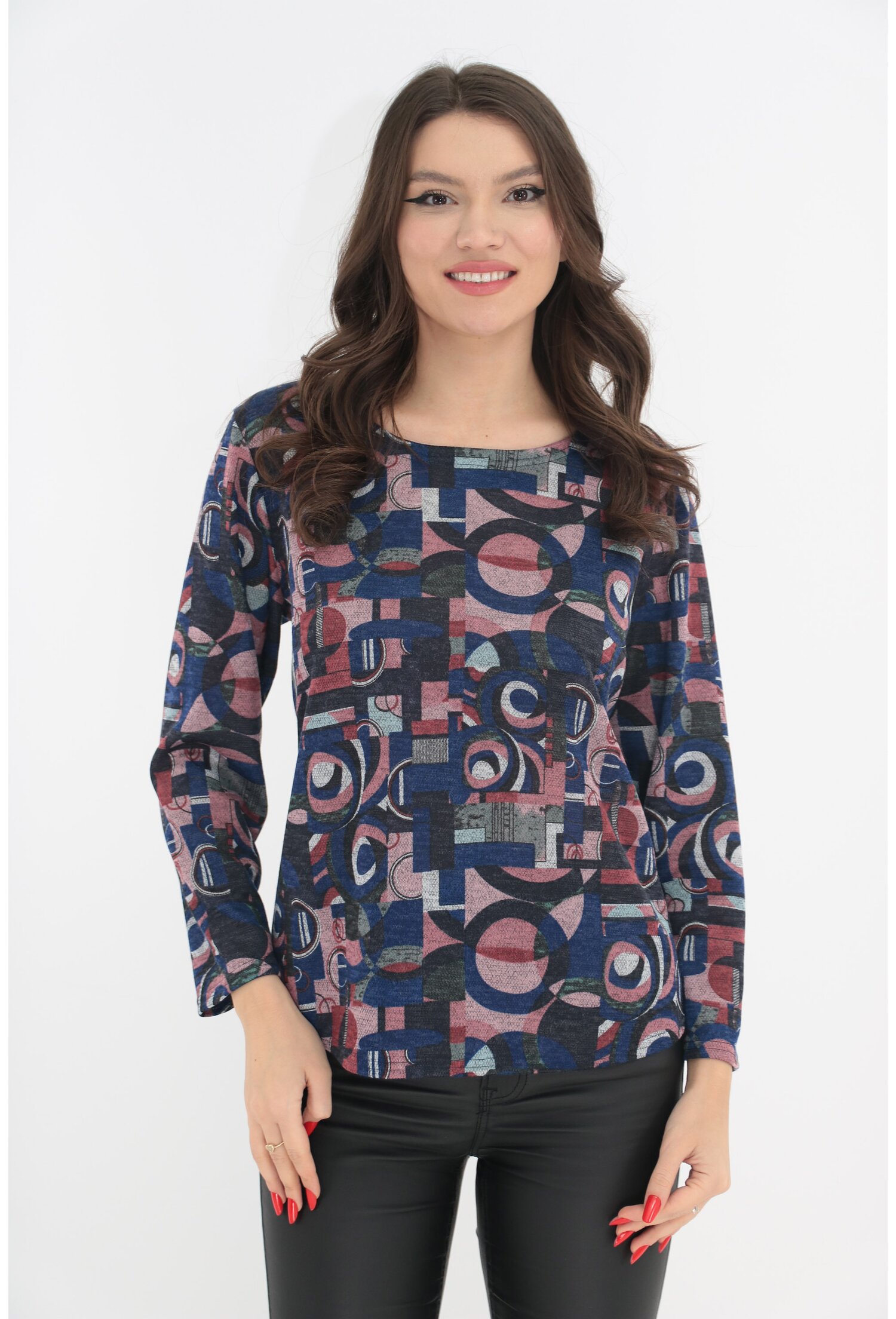 Bluza din jerse cu print abstract albastru-roz