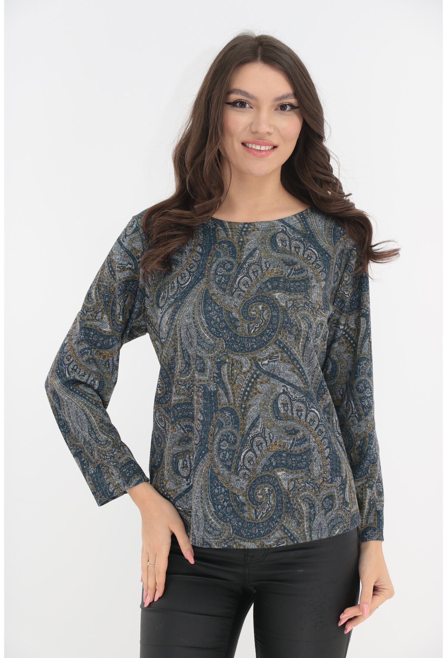 Bluza din jerse cu print abstract bleumarin-gri