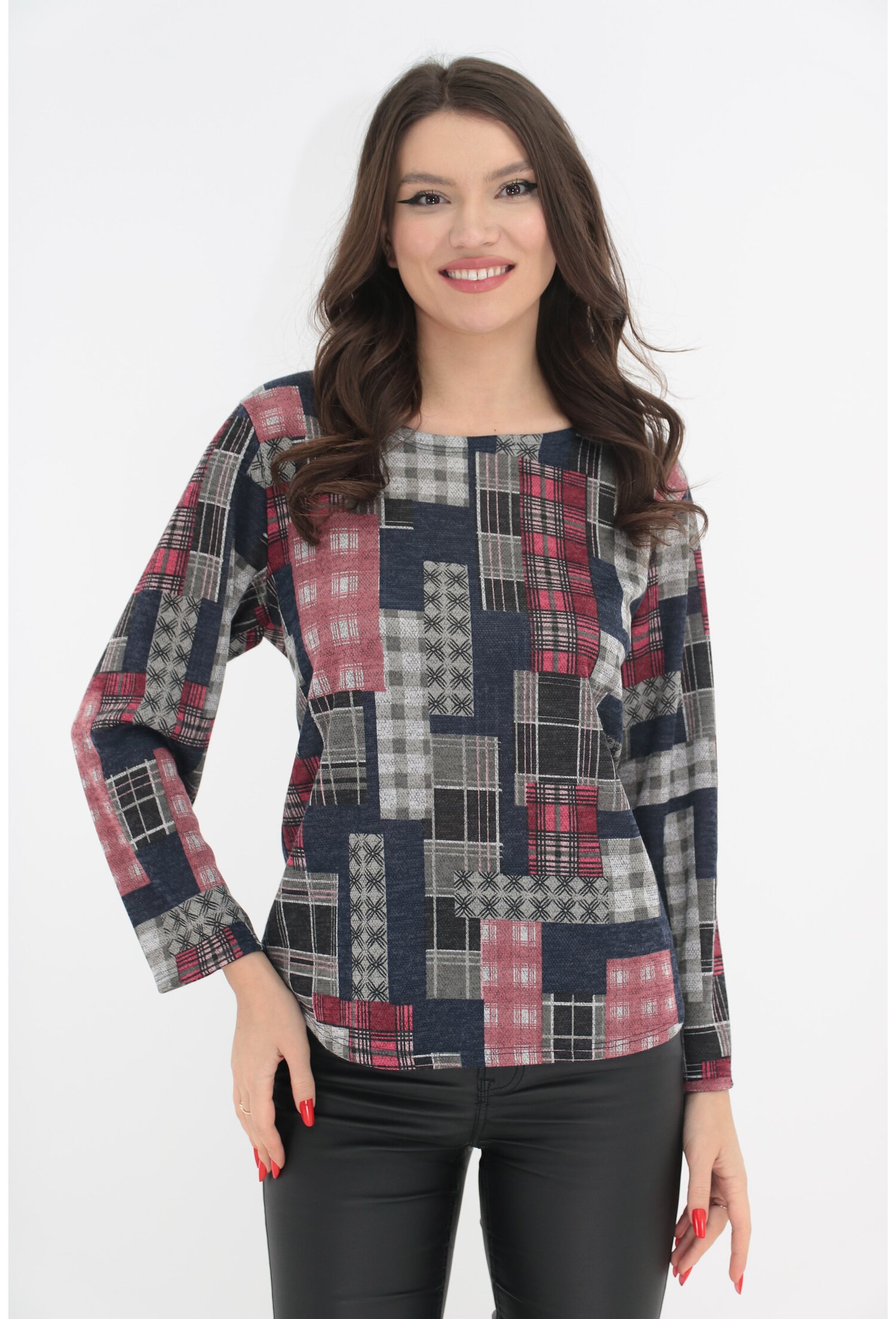 Bluza din jerse cu print geometric gri-roz