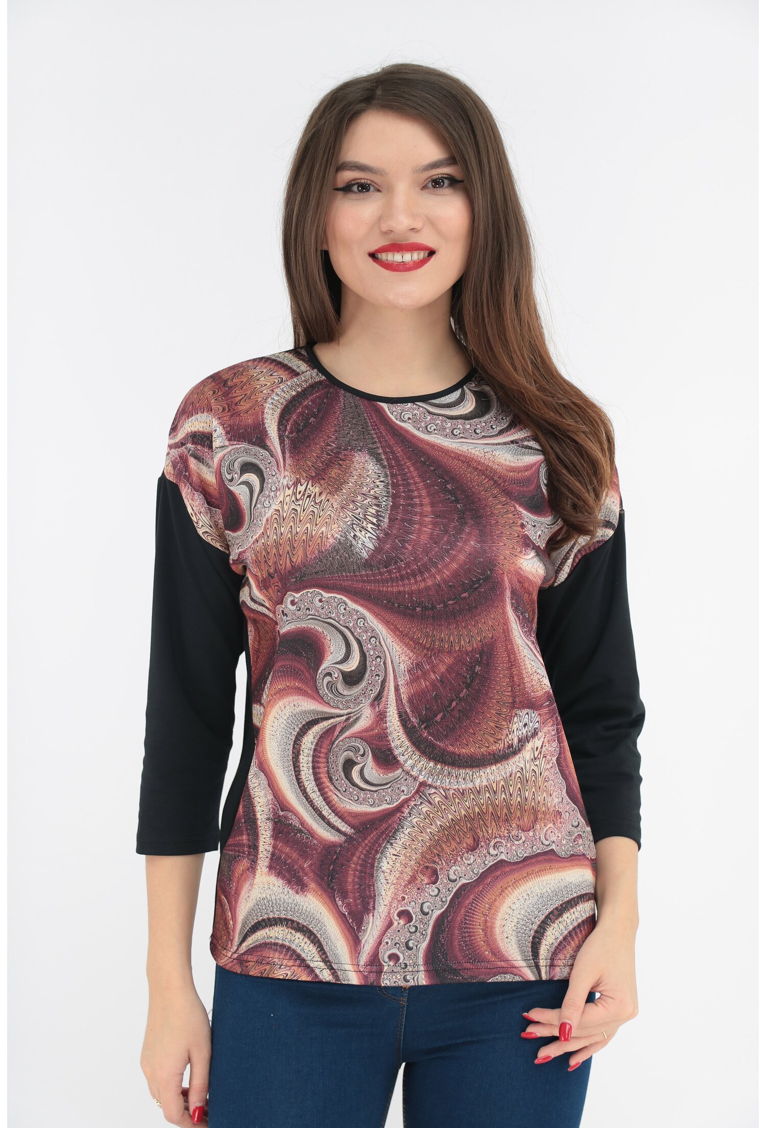 Bluza din jerse fin cu print abstract caramiziu