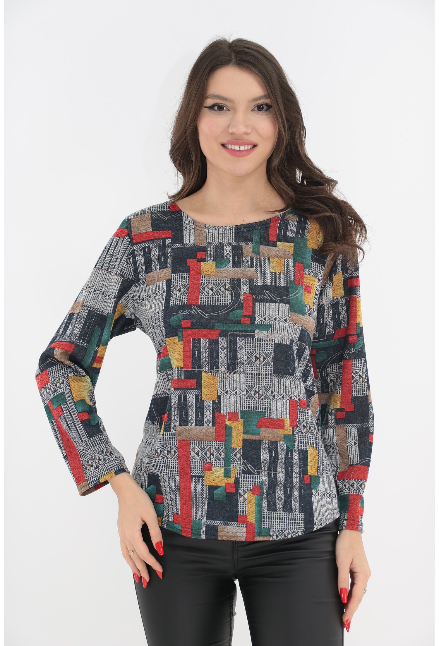 Bluza din jerse gri cu print abstract rosu-mustar