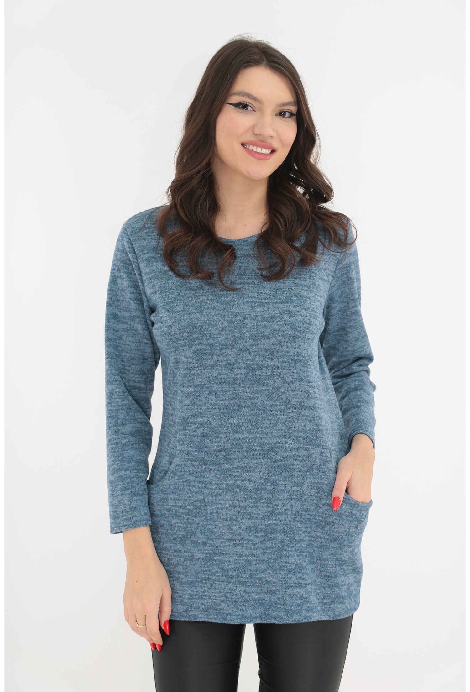 Bluza din jerse moale bleu cu buzunare