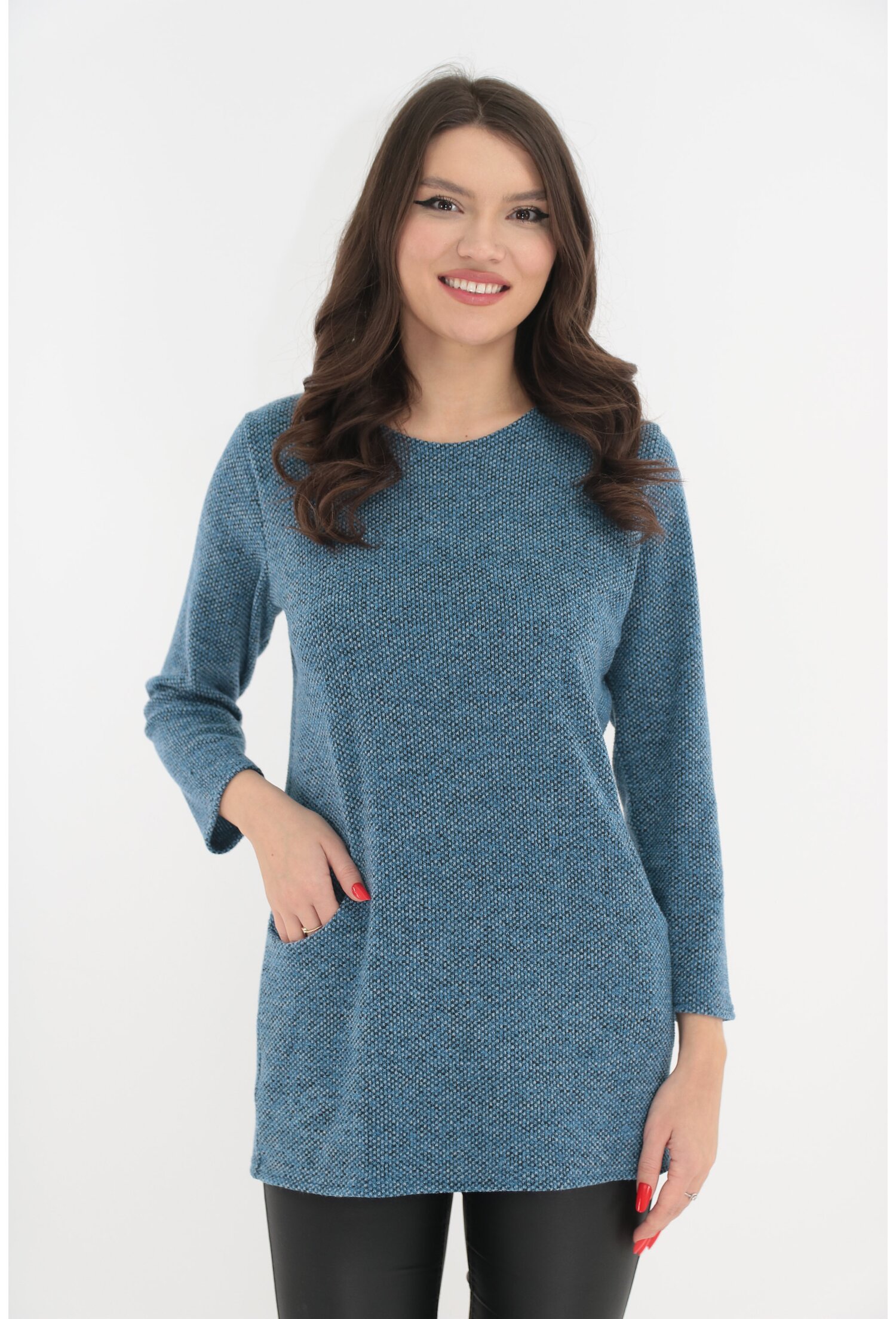 Bluza din jerse moale bleu-pepit cu buzunare