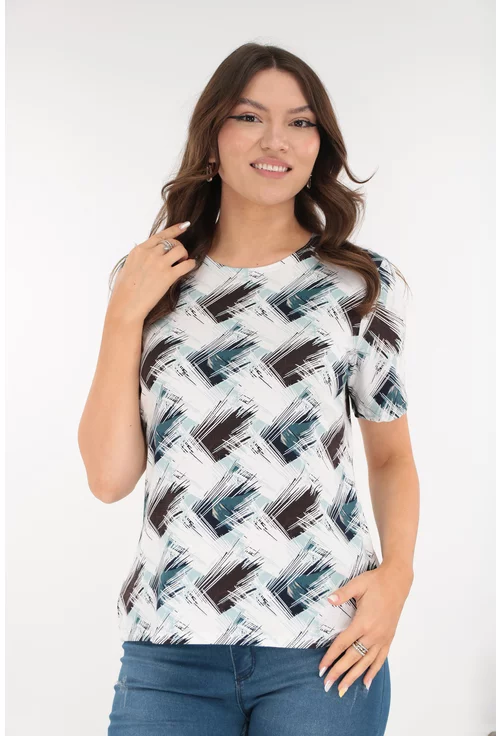 Bluza din vascoza alba cu print abstract negru-bleu