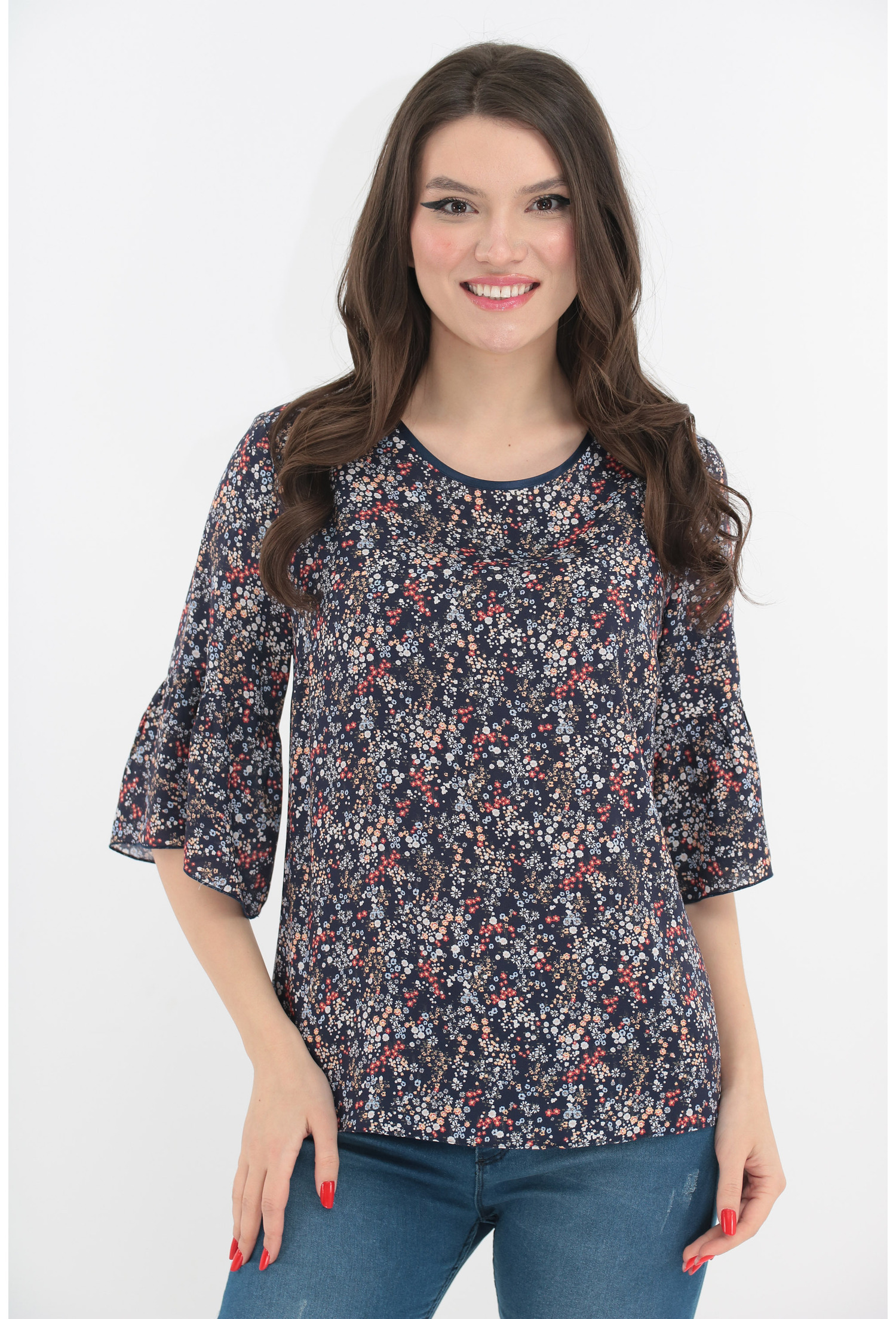 Bluza din vascoza bleumarin cu flori multicolore