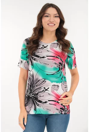 Bluza din vascoza cu desen abstract verde-rosu