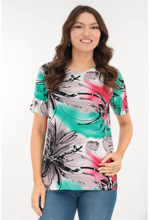 Bluza din vascoza cu desen abstract verde-rosu