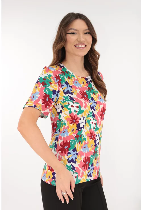 Bluza din vascoza cu desen floral rosu-verde