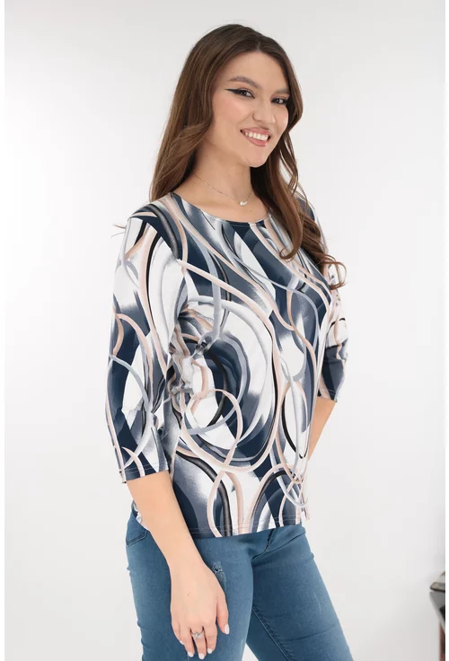 Bluza din vascoza cu imprimeu abstract bleumarin-alb