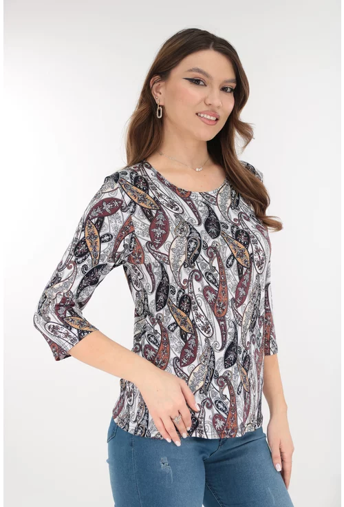 Bluza din vascoza cu imprimeu abstract caramiziu-gri