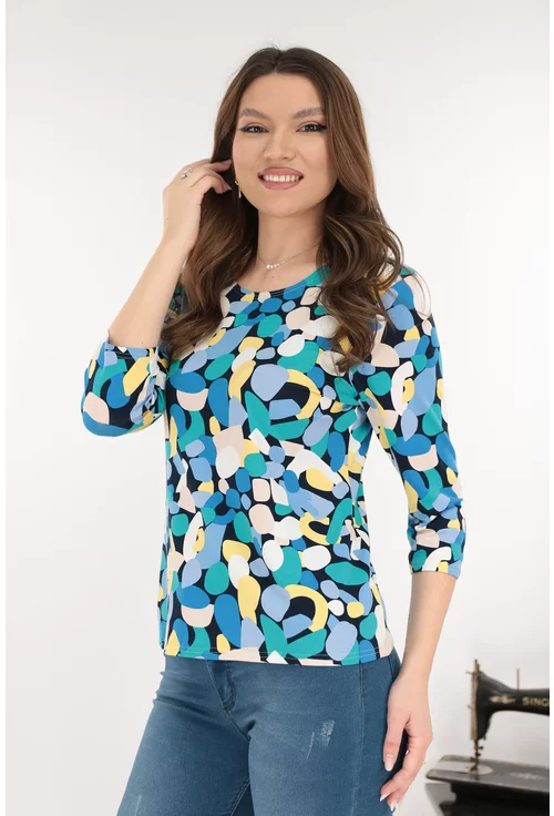 Bluza din vascoza cu imprimeu abstract galben-albastru