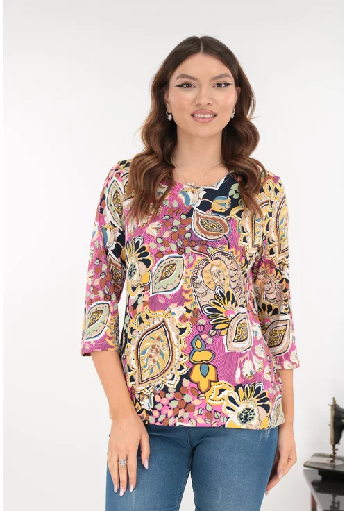 Bluza din vascoza cu imprimeu abstract galben-roz