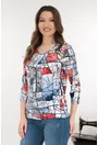 Bluza din vascoza cu imprimeu abstract rosu-albastru
