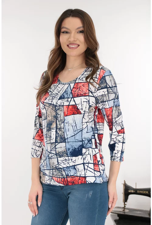 Bluza din vascoza cu imprimeu abstract rosu-albastru