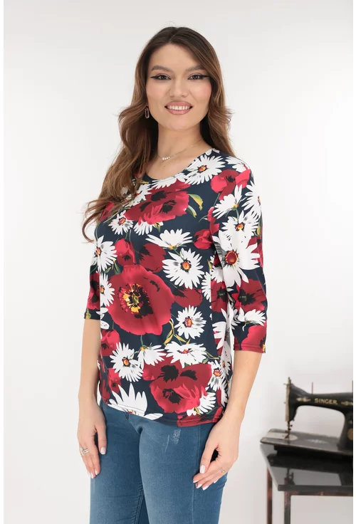 Bluza  din vascoza cu imprimeu floral alb-bordo