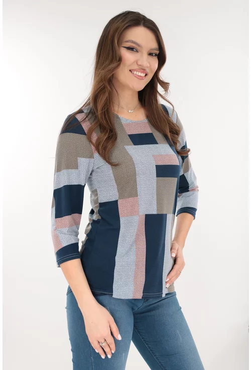 Bluza din vascoza cu imprimeu geometric bleumarin-gri