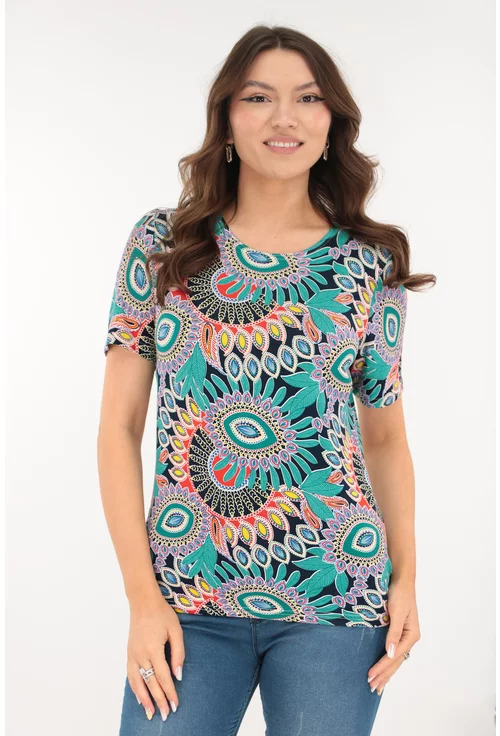 Bluza din vascoza cu print abstract turcoaz-rosu