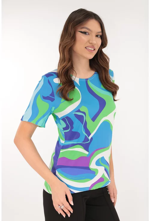 Bluza din vascoza cu print abstract verde-albastru