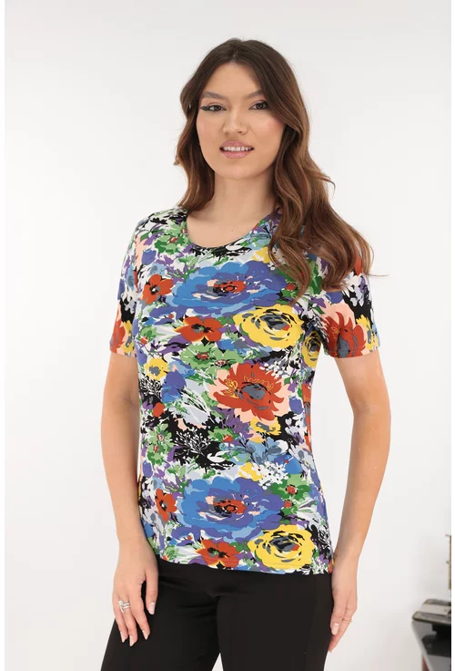 Bluza din vascoza cu print floral albastru-caramiziu