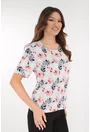 Bluza din vascoza gri cu desen floral rosu-bleumarin