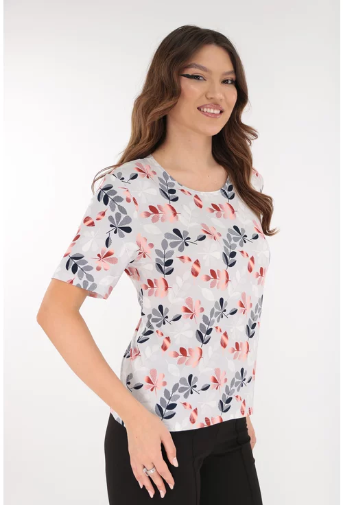 Bluza din vascoza gri cu desen floral rosu-bleumarin