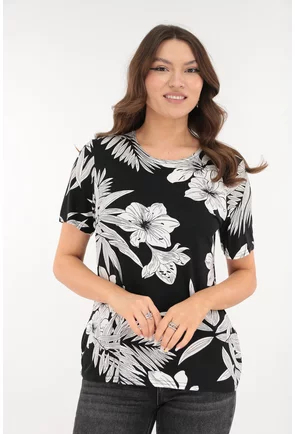 Bluza din vascoza neagra cu desen floral alb