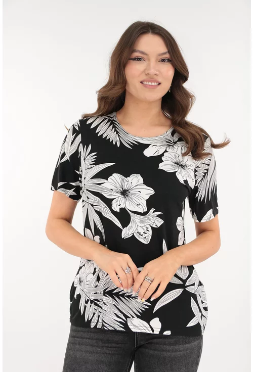 Bluza din vascoza neagra cu desen floral alb